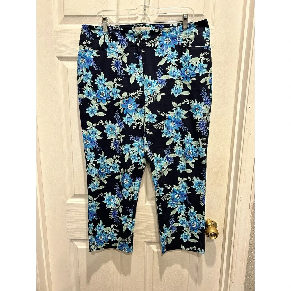 Talbots Womens Blue Floral Cropped Pants Sz 14 Navy Tropical Botanical Slim Leg